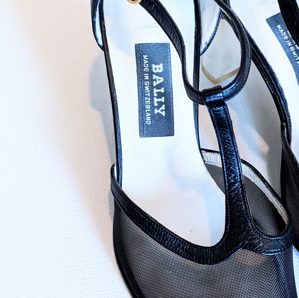 Bally Vintage Black T-Strap Mesh and Lucite Heel 6.5